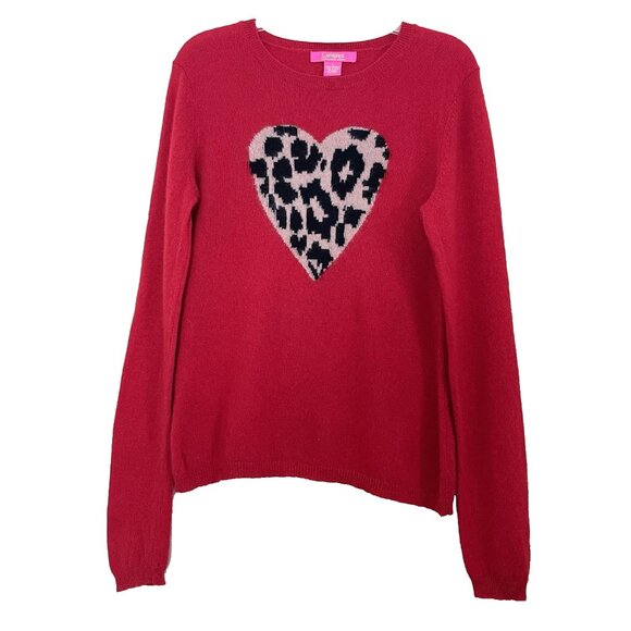 Catherine Malandrino Red Animal Print Leopard Heart 100% Cashmere Sweater Large - Picture 2 of 8